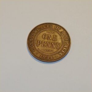 Vintage 1934 Australian King George V Penny Good Copper Coin GSC029