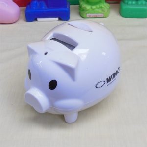 White Plastic Pig WMC Accounting Logo Coin Money Box